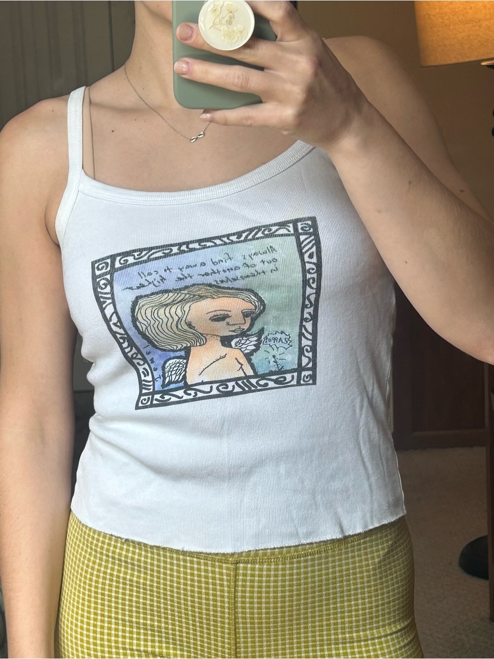 Vintage White Ribbed Tank with Angel Graphic